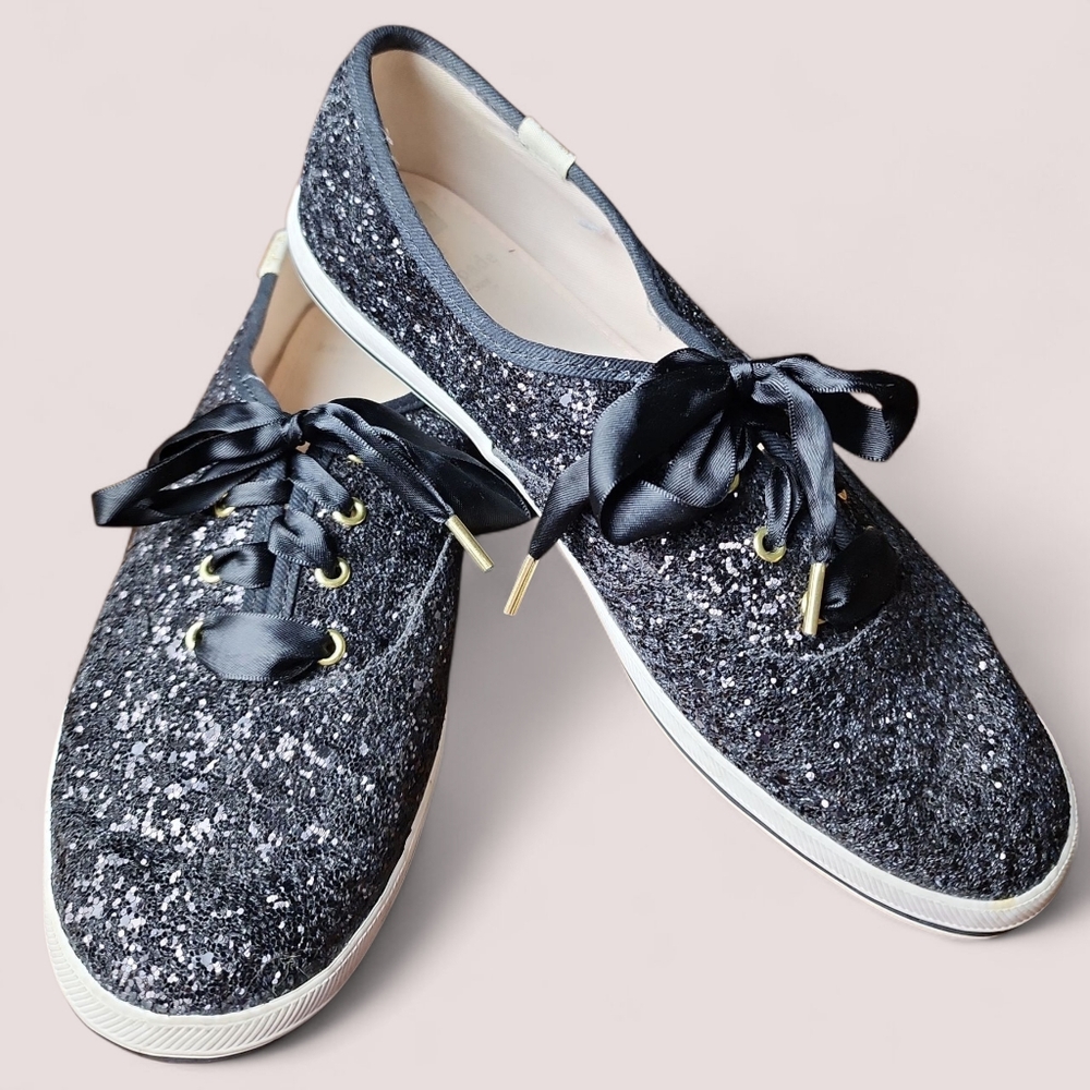 KEDS X KATE SPADE | New York Champion Black Glitter Sneakers Satin Laces | 8